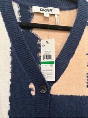DKNY Navy Blue & Cream Patterned V-Neck Button Cardigan